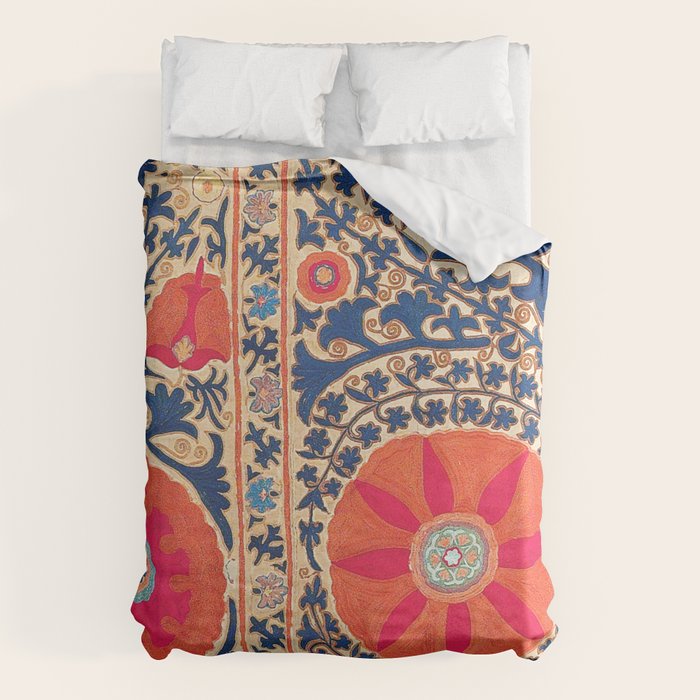 Antique Uzbekistan Kermina Suzani Red Orange Blue kilim Duvet Cover Gallery Image 1