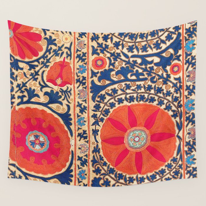 Antique Uzbekistan Kermina Suzani Red Orange Blue kilim Wall Tapestry Gallery Image 4