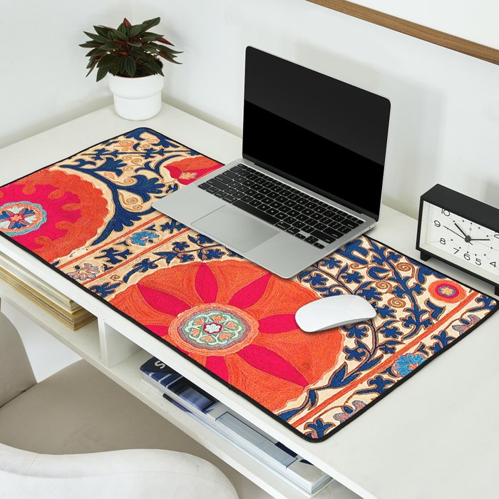 Antique Uzbekistan Kermina Suzani Red Orange Blue kilim Desk Mat Gallery Image 2