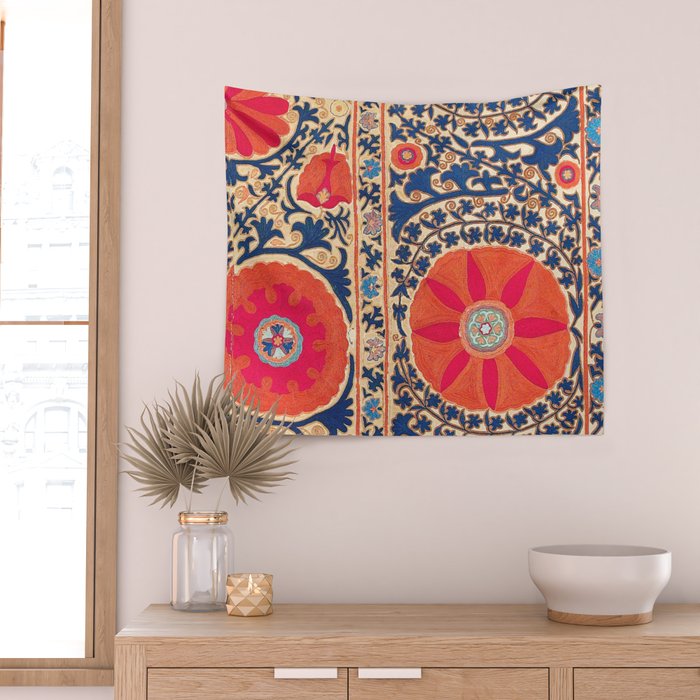 Antique Uzbekistan Kermina Suzani Red Orange Blue kilim Wall Tapestry Gallery Image 2