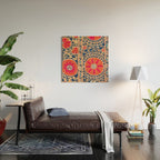 Antique Uzbekistan Kermina Suzani Red Orange Blue kilim Wood Wall Art Gallery Image 2