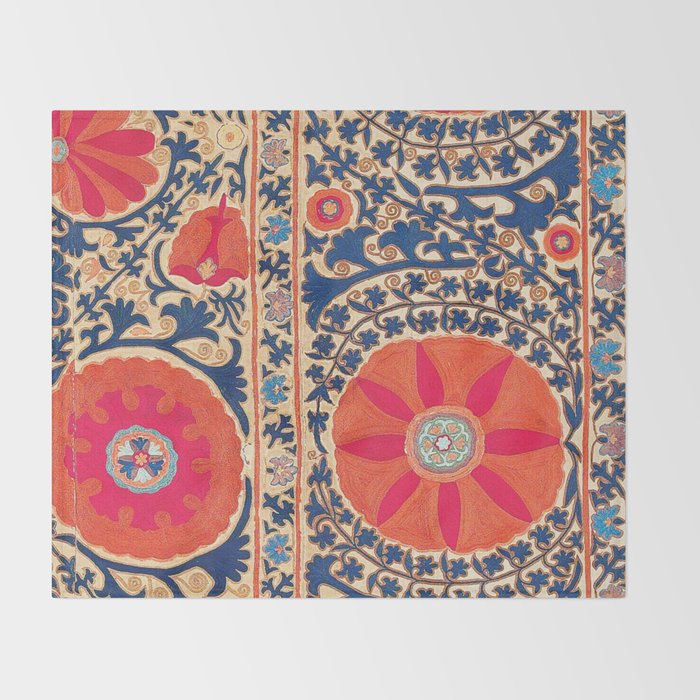 Antique Uzbekistan Kermina Suzani Red Orange Blue kilim Throw Blanket Gallery Image 2