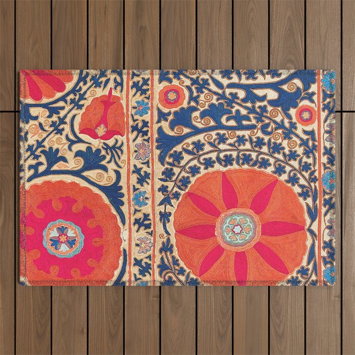 Antique Uzbekistan Kermina Suzani Red Orange Blue kilim Outdoor Rug Gallery Image 1