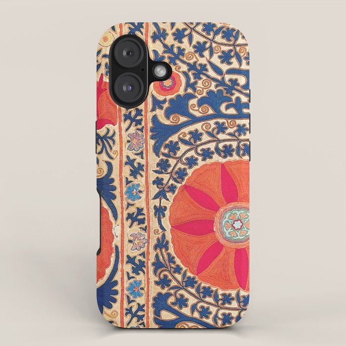 Antique Uzbekistan Kermina Suzani Red Orange Blue kilim iPhone Case Gallery Image 1
