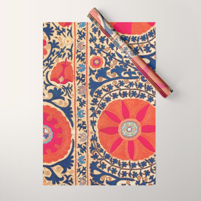 Antique Uzbekistan Kermina Suzani Red Orange Blue kilim Wrapping Paper Gallery Image 1