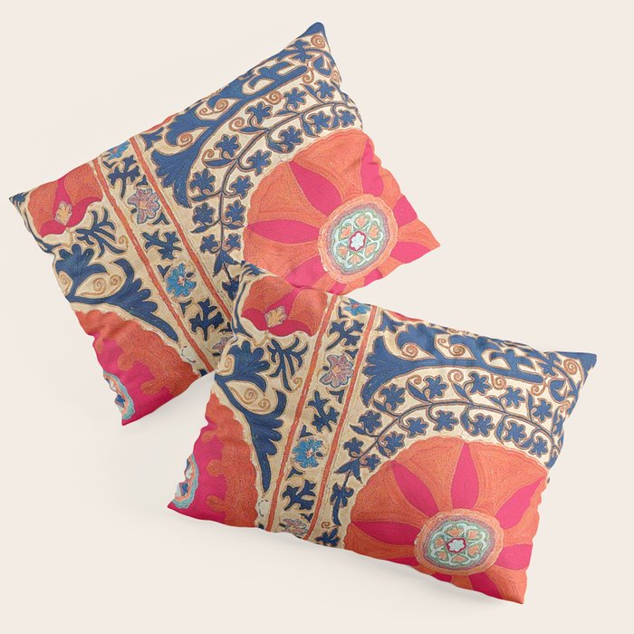 Antique Uzbekistan Kermina Suzani Red Orange Blue kilim Pillow Sham Gallery Image 3