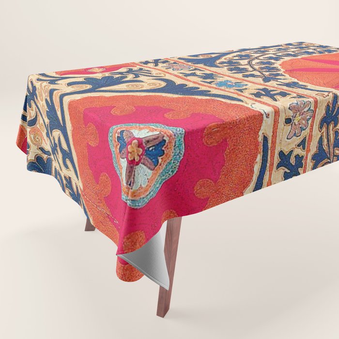 Antique Uzbekistan Kermina Suzani Red Orange Blue kilim Tablecloth Gallery Image 1