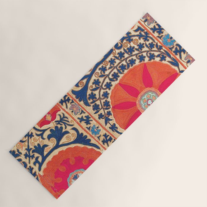 Antique Uzbekistan Kermina Suzani Red Orange Blue kilim Yoga Mat Gallery Image 1