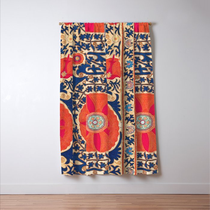 Antique Uzbekistan Kermina Suzani Red Orange Blue kilim Window Curtain Gallery Image 3