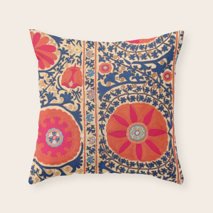 Antique Uzbekistan Kermina Suzani Red Orange Blue kilim Throw Pillow Gallery Image 6