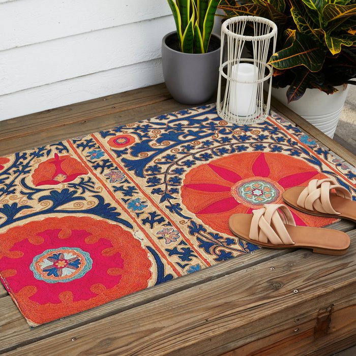 Antique Uzbekistan Kermina Suzani Red Orange Blue kilim Outdoor Rug Gallery Image 2