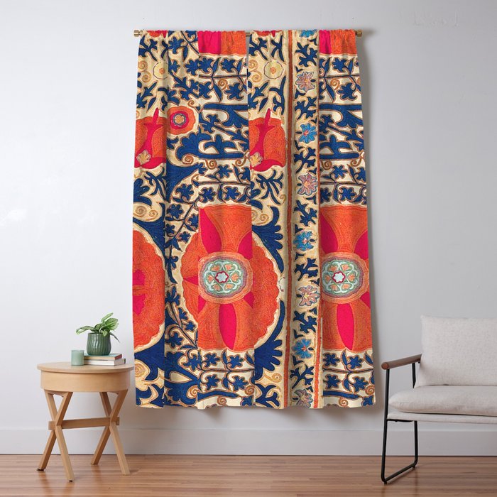 Antique Uzbekistan Kermina Suzani Red Orange Blue kilim Window Curtain Gallery Image 1
