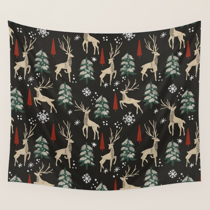 Deer in the snowy night Wall Tapestry Gallery Image 4