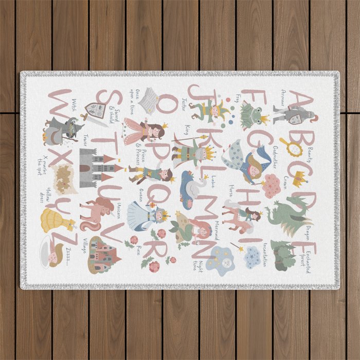 Fairy tale alphabet, fairytale ABC in pink and pastel Outdoor Rug Gallery Image 1