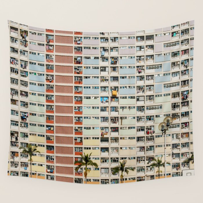 Colorful building Facade in Hong Kong - pastel color - Basketball court, Hongkong Wall Tapestry Gallery Image 1