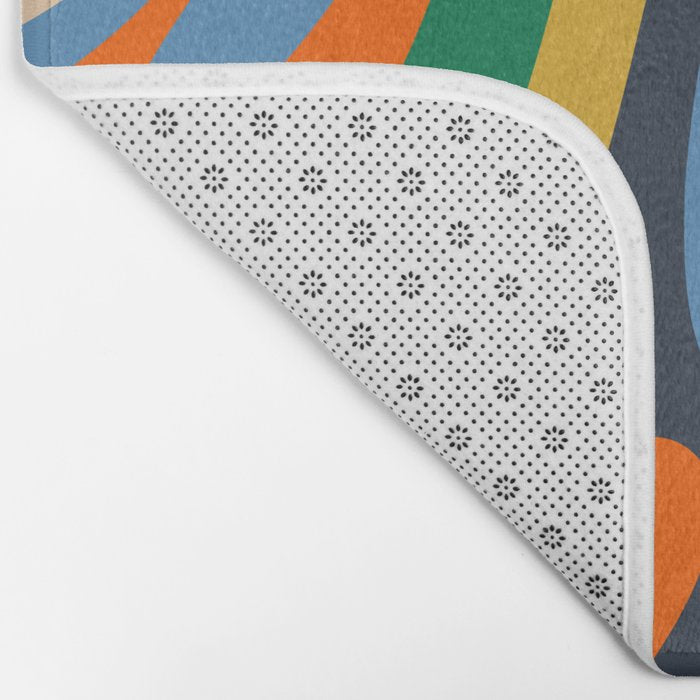 Wavy Loops Retro Colorful Abstract Pattern Blue Orange Mustard Green Beige Bath Mat Gallery Image 2