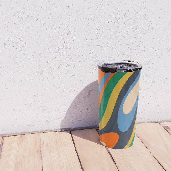 Wavy Loops Retro Colorful Abstract Pattern Blue Orange Mustard Green Beige Travel Mug Gallery Image 4