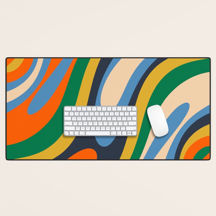 Wavy Loops Retro Colorful Abstract Pattern Blue Orange Mustard Green Beige Desk Mat Gallery Image 1