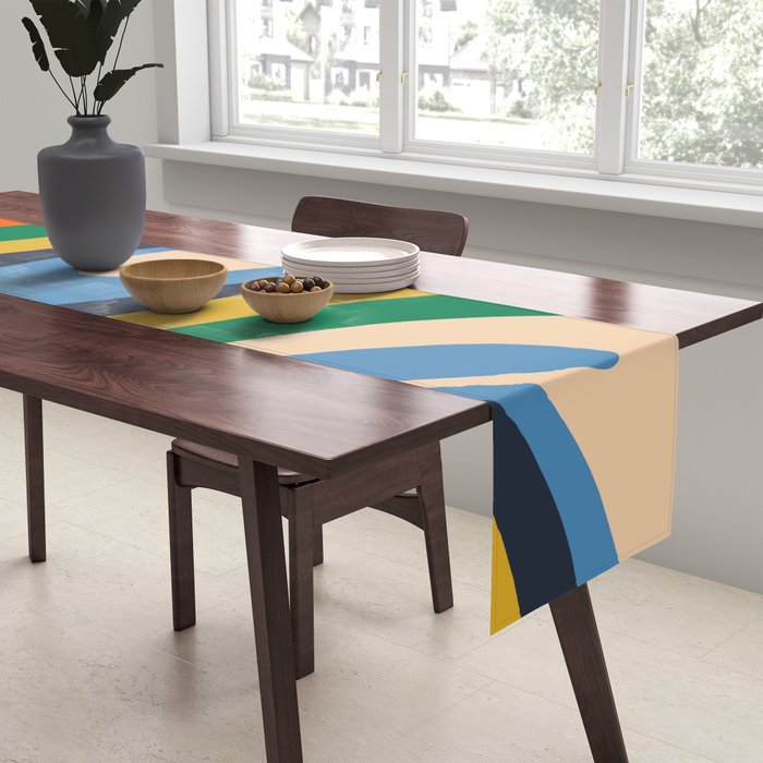 Wavy Loops Retro Colorful Abstract Pattern Blue Orange Mustard Green Beige Table Runner Gallery Image 2