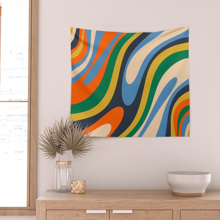 Wavy Loops Retro Colorful Abstract Pattern Blue Orange Mustard Green Beige Wall Tapestry Gallery Image 2