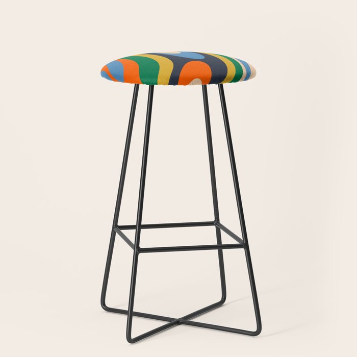 Wavy Loops Retro Colorful Abstract Pattern Blue Orange Mustard Green Beige Stool Gallery Image 1