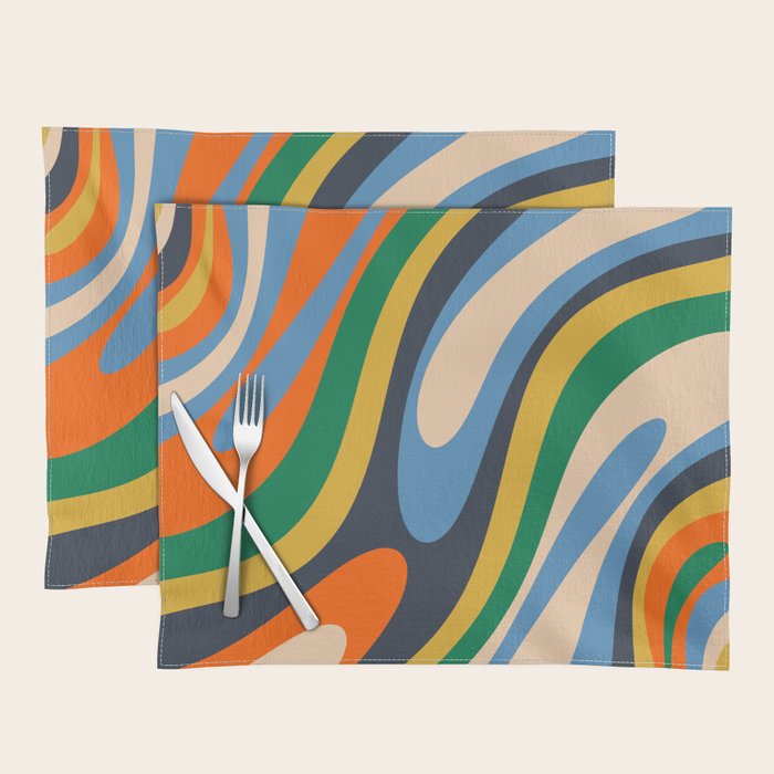 Wavy Loops Retro Colorful Abstract Pattern Blue Orange Mustard Green Beige Placemat Gallery Image 1