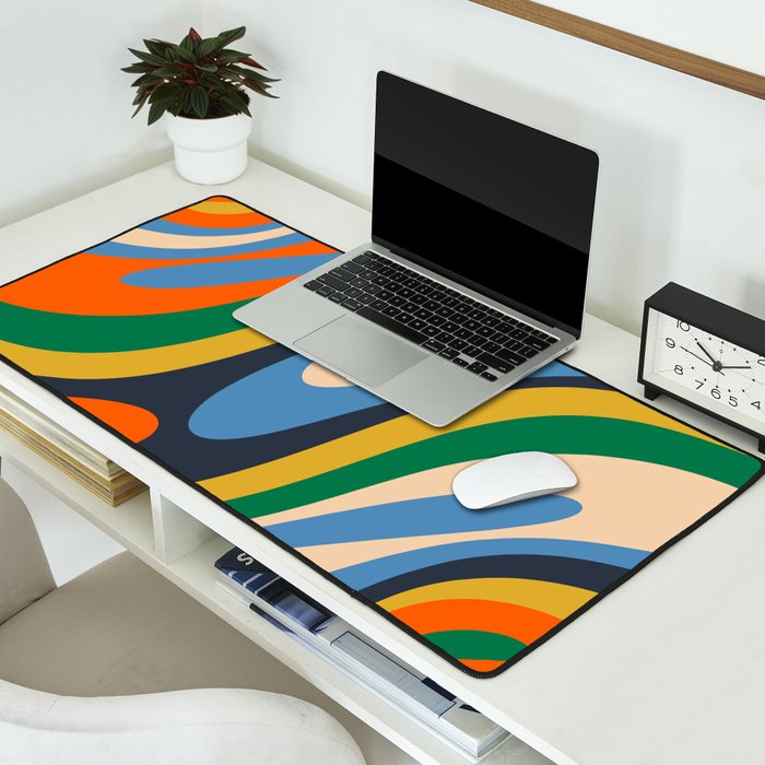 Wavy Loops Retro Colorful Abstract Pattern Blue Orange Mustard Green Beige Desk Mat Gallery Image 2