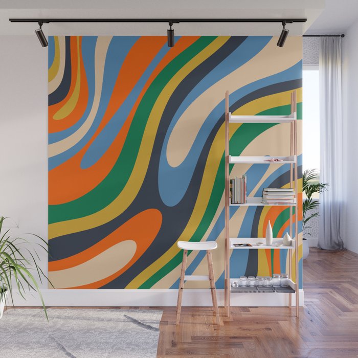 Wavy Loops Retro Colorful Abstract Pattern Blue Orange Mustard Green Beige Wall Mural Gallery Image 1