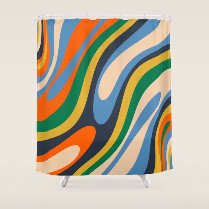 Wavy Loops Retro Colorful Abstract Pattern Blue Orange Mustard Green Beige Shower Curtain Gallery Image 1
