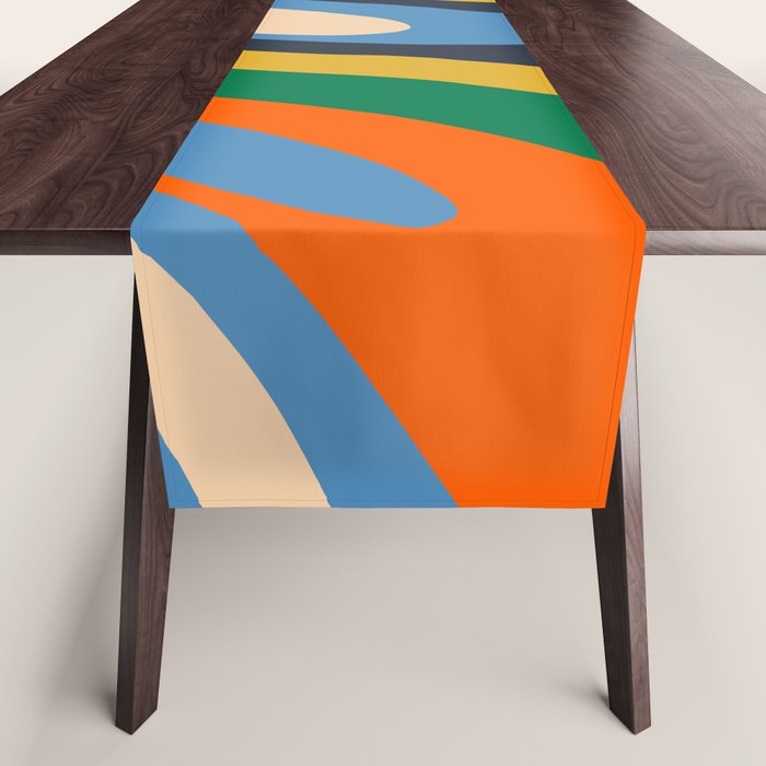 Wavy Loops Retro Colorful Abstract Pattern Blue Orange Mustard Green Beige Table Runner Gallery Image 1