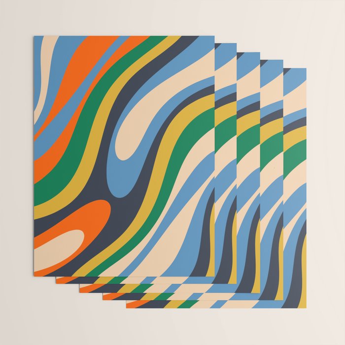 Wavy Loops Retro Colorful Abstract Pattern Blue Orange Mustard Green Beige Wrapping Paper Gallery Image 3