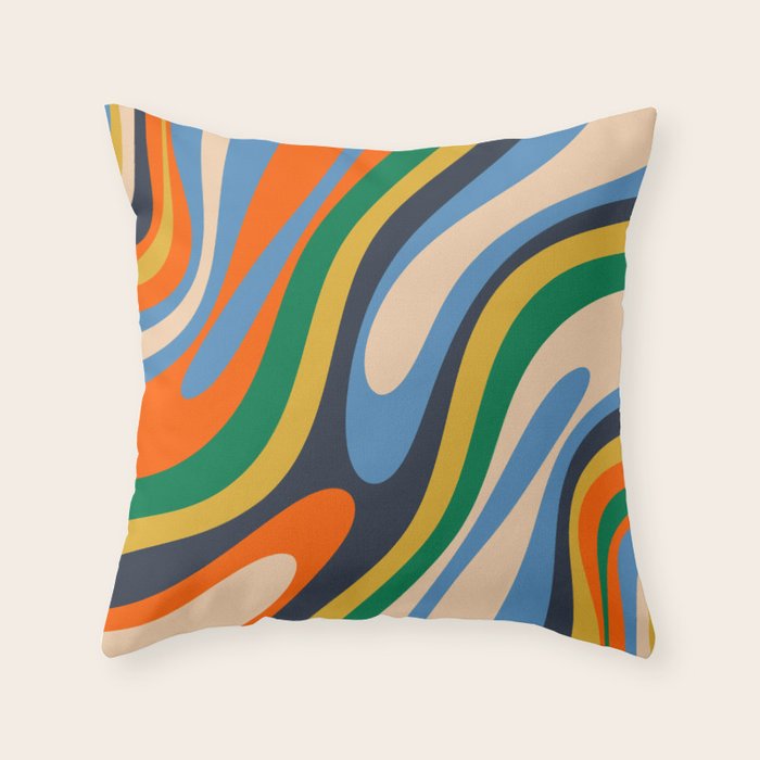Wavy Loops Retro Colorful Abstract Pattern Blue Orange Mustard Green Beige Throw Pillow Gallery Image 6