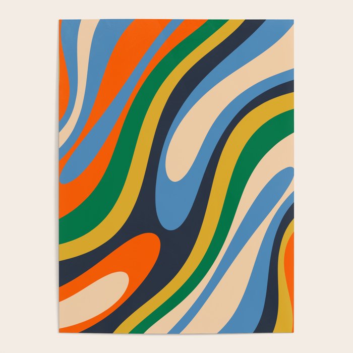 Wavy Loops Retro Colorful Abstract Pattern Blue Orange Mustard Green Beige Poster Gallery Image 4