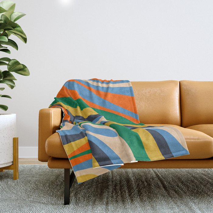 Wavy Loops Retro Colorful Abstract Pattern Blue Orange Mustard Green Beige Throw Blanket Gallery Image 1
