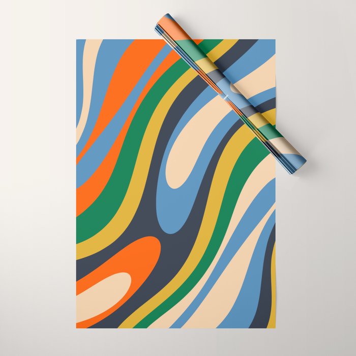 Wavy Loops Retro Colorful Abstract Pattern Blue Orange Mustard Green Beige Wrapping Paper Gallery Image 1