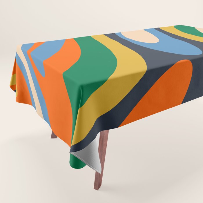 Wavy Loops Retro Colorful Abstract Pattern Blue Orange Mustard Green Beige Tablecloth Gallery Image 1