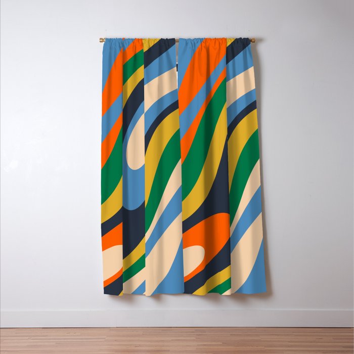 Wavy Loops Retro Colorful Abstract Pattern Blue Orange Mustard Green Beige Window Curtain Gallery Image 3