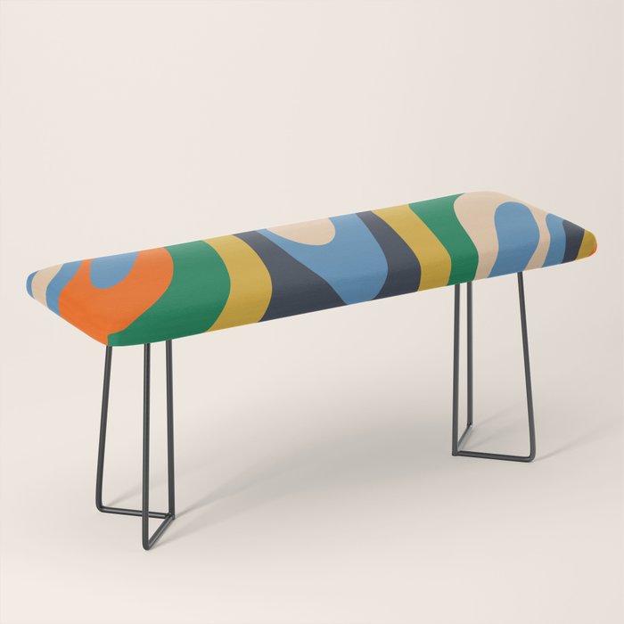Wavy Loops Retro Colorful Abstract Pattern Blue Orange Mustard Green Beige Bench Gallery Image 1