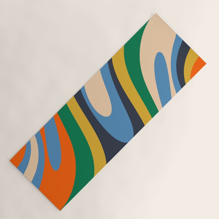 Wavy Loops Retro Colorful Abstract Pattern Blue Orange Mustard Green Beige Yoga Mat Gallery Image 1