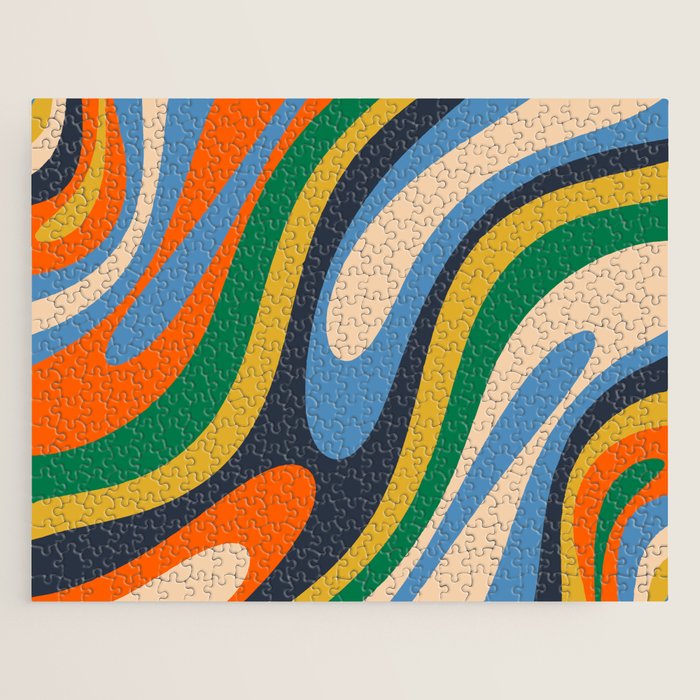 Wavy Loops Retro Colorful Abstract Pattern Blue Orange Mustard Green Beige Jigsaw Puzzle Gallery Image 1