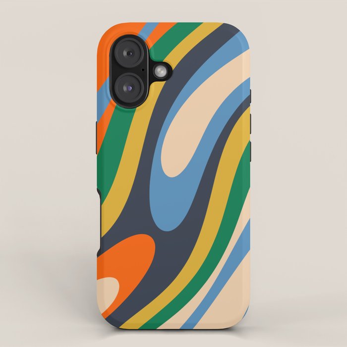 Wavy Loops Retro Colorful Abstract Pattern Blue Orange Mustard Green Beige iPhone Case Gallery Image 1
