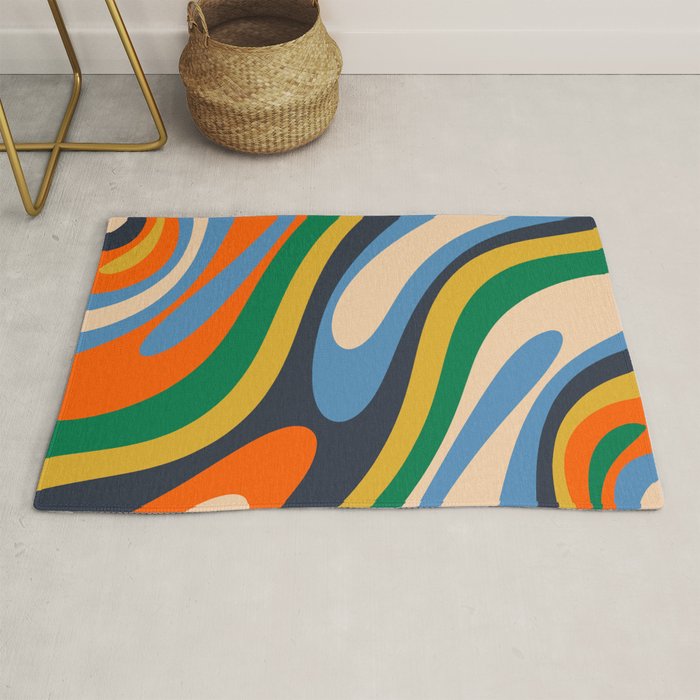 Wavy Loops Retro Colorful Abstract Pattern Blue Orange Mustard Green Beige Rug Gallery Image 1