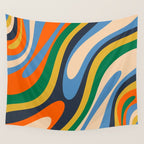 Wavy Loops Retro Colorful Abstract Pattern Blue Orange Mustard Green Beige Wall Tapestry Gallery Image 4