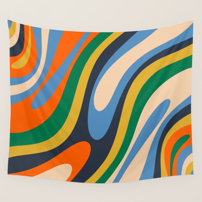 Wavy Loops Retro Colorful Abstract Pattern Blue Orange Mustard Green Beige Wall Tapestry Gallery Image 4