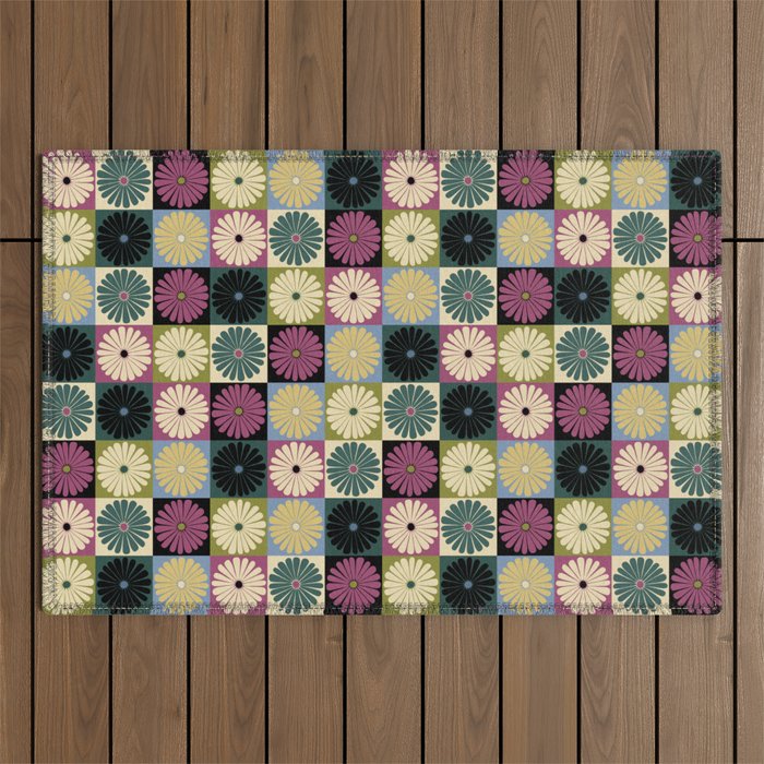 Retro Flowers Check Pattern I Outdoor Rug Gallery Image 1