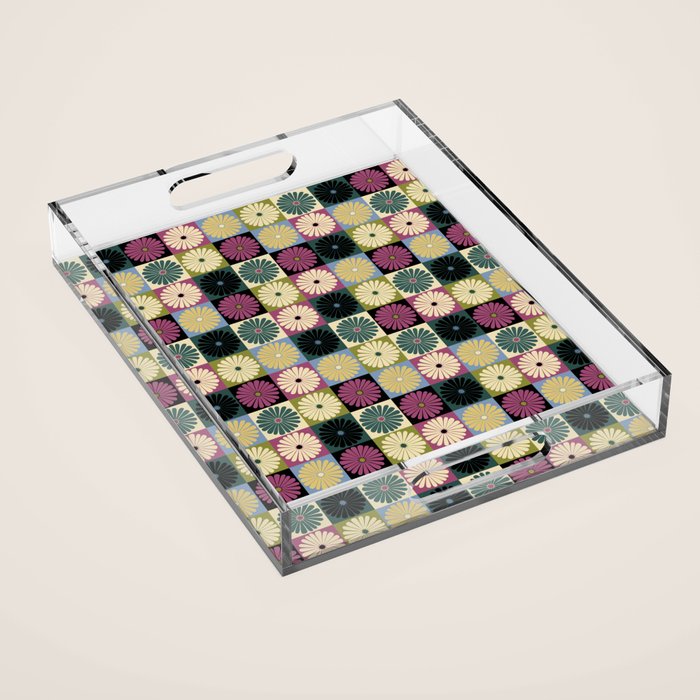 Retro Flowers Check Pattern I Acrylic Tray Gallery Image 1
