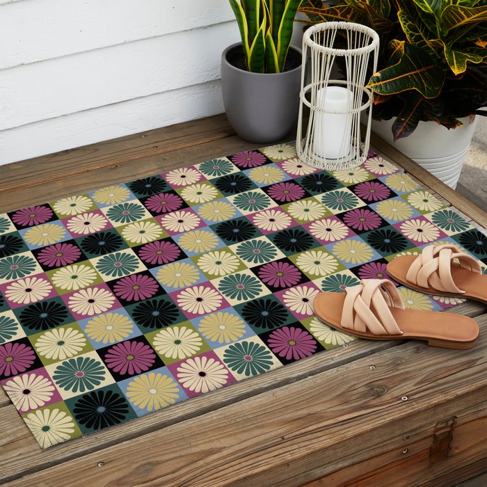 Retro Flowers Check Pattern I Outdoor Rug Gallery Image 2