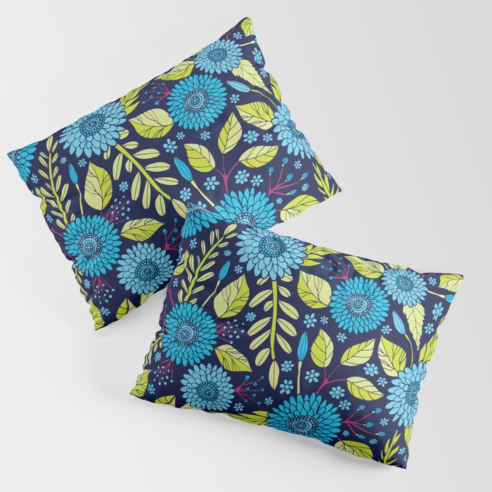 Turquoise Blue, Lime Green, Magenta & Navy Floral Pattern Pillow Sham Gallery Image 3