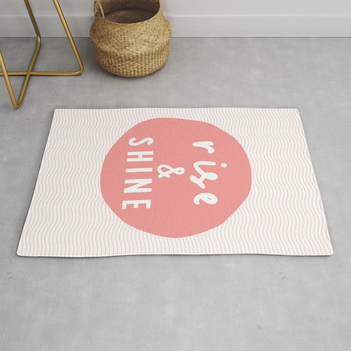 Rise and Shine inspirational quote typography wall art home decor in peach pink Rug Gallery Image 1