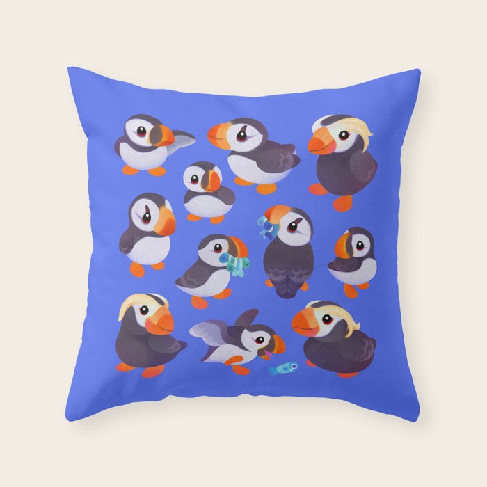 Happy puffin - blue Throw Pillow Gallery Image 6